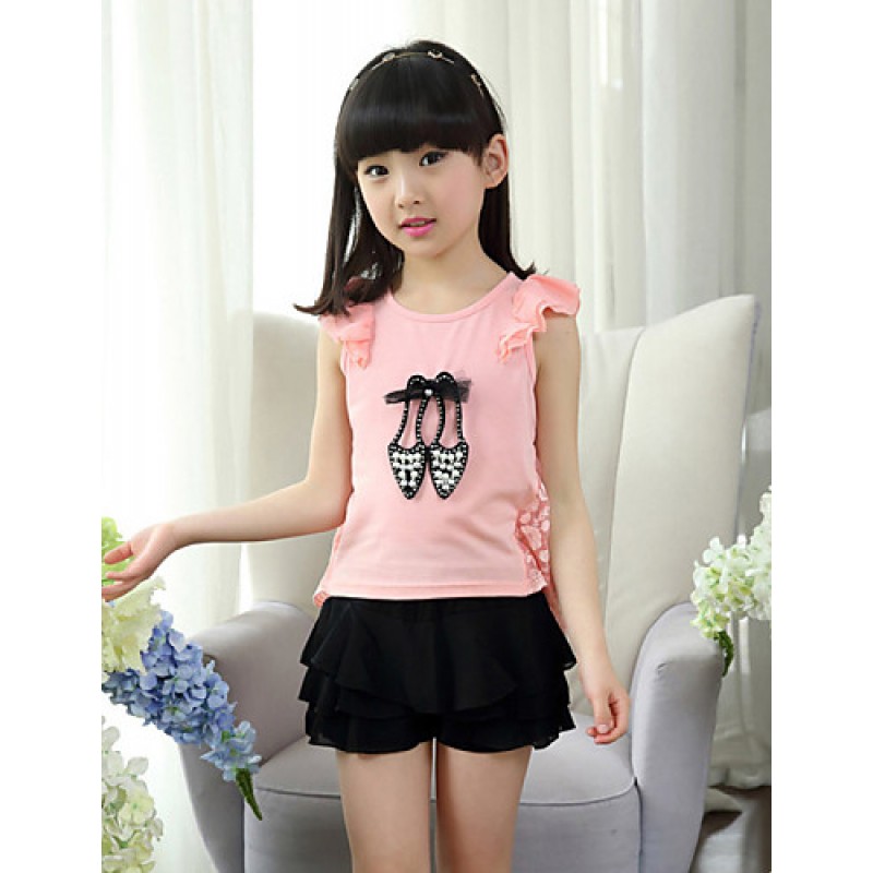 Girl's Cotton Summer High-heeled Shoes Adornment Lace Coattail Short Sleeve Tee  